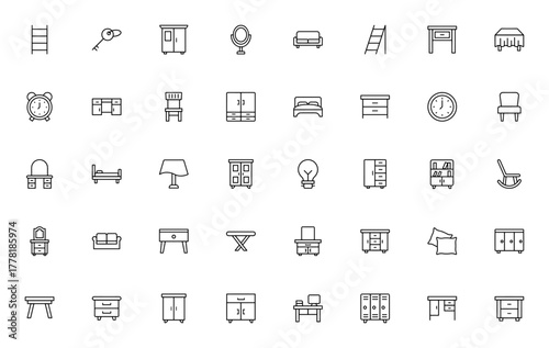 Furniture icon set. Minimal vector icons pack. Inclues symbols for sofa, bed, hair, table, closet, cabint, drawer, lamp and more. ditable stroke.