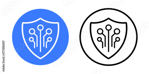 Transparent shield icon showing a protective bubble with circuitry inside. Great for illustrating data protection, ai security, and trustworthy technology defense systems.