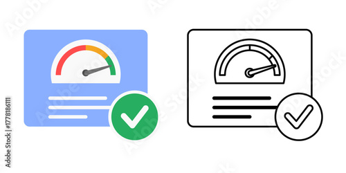 Trust dashboard icon featuring an analytics panel with a trust meter gauge and a checkmark. Ideal for ethical ai performance review, transparency analytics, and trustworthy system design themes.