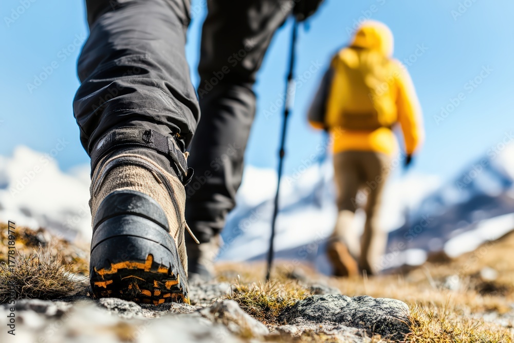 Fototapeta premium Hikers' boots stepping on a rocky path, moving towards a blurred figure, showing determination and endurance in the mountains
