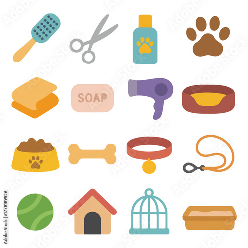 Essential Pet Care Kit: A comprehensive array of grooming and care essentials for your beloved animal. This vibrant assortment caters to all the needs of furry friends.