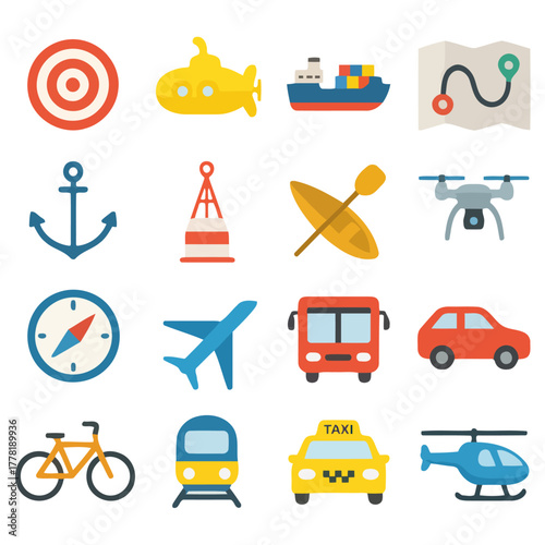 Transportation and Navigation: A colorful array of icons representing diverse modes of transport and navigational elements, perfect for illustrating travel concepts.
