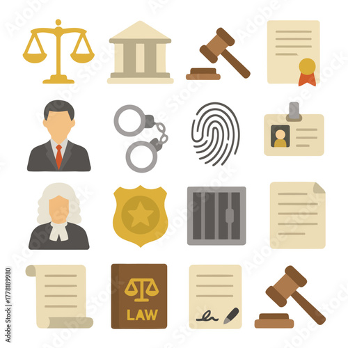 Legal Icons: An array of legal icons, perfect for representing law and justice concepts. This vibrant collection features a gavel, scales of justice, law document, fingerprint.