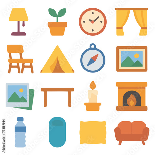 Cozy Home Icon Collection: A meticulously curated collection of household icons, each an embodiment of comfort and warmth, representing elements of interior design.