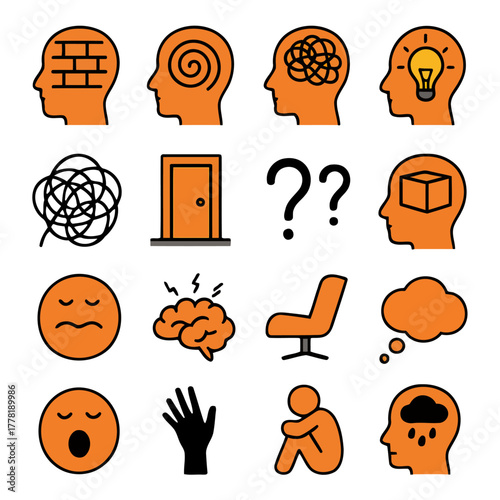 Mental States: A collection of symbolic illustrations captures the intricate spectrum of mental states, from the concrete to the abstract, exploring emotions, thoughts, and psychological concepts.