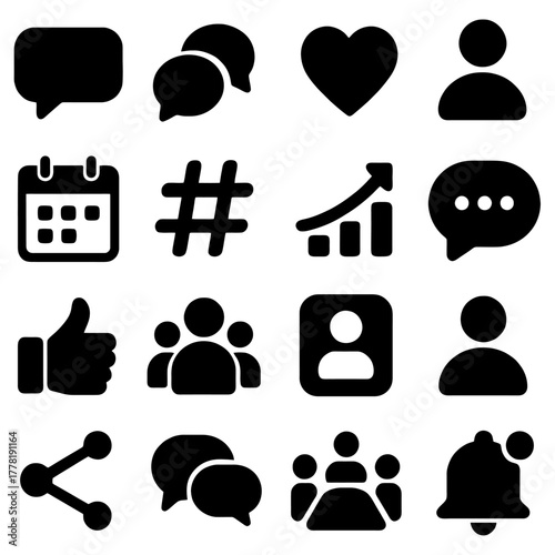Social Media Icons Collection: A set of dynamic icons represent fundamental aspects of online interaction, social engagement, and content sharing.