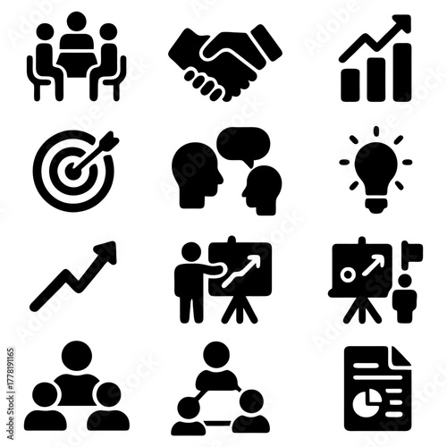Business Icons: A collection of concise business icons, designed to symbolize various aspects of commerce and corporate endeavors. Representing ideas of collaboration and the path to achievement.