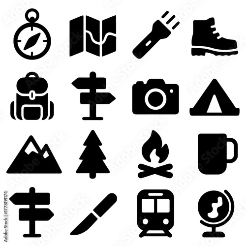 Exploring Essential Gear: A collection of meticulously crafted, bold black silhouettes of crucial tools and instruments, perfect for outdoor exploration, capturing the adventurous spirit.