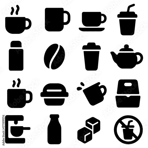 Beverage Icons Collection: A minimalist collection of beverage icons, from steaming coffee and tea to refreshing iced drinks, offering a versatile visual representation for various applications.