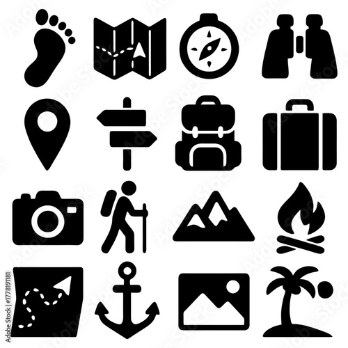 Essential travel icons set: Embark on a journey with this meticulously crafted collection of essential travel icons. From compasses to cameras.
