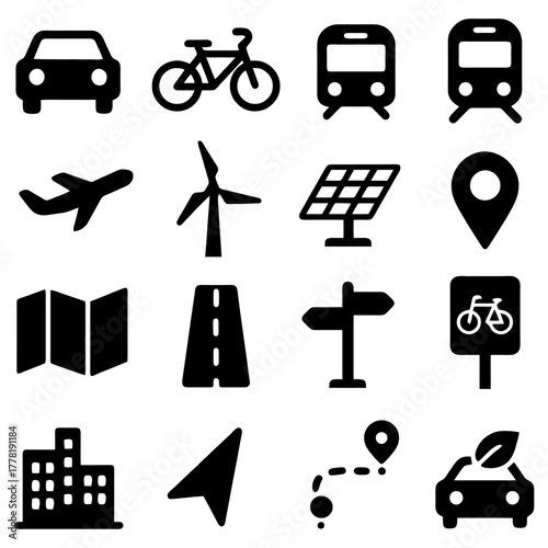 Journey Icons: A collection of simple, yet bold icons representing diverse modes of transport and navigation elements. Perfectly suited for visual communication. 