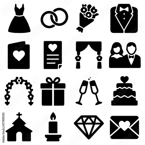 Wedding Icon Collection: A meticulously curated array of iconic symbols embodies the essence of weddings, representing the timeless rituals and joyful celebrations of matrimony. 