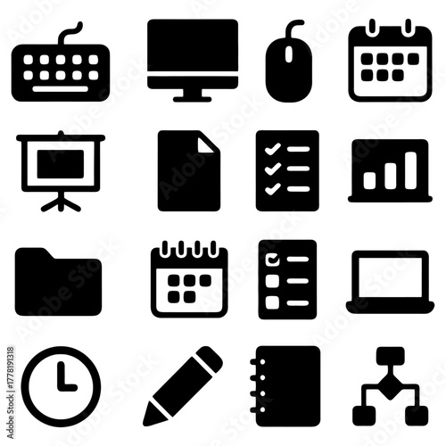 Business Icons Collection: A curated collection of essential business icons, thoughtfully designed to represent core concepts and functionalities, perfect for your project.