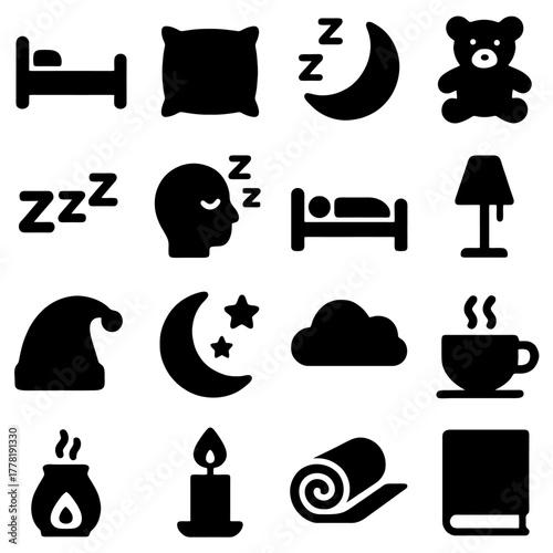 Dreamy Sleep Icon Collection: A meticulously crafted collection of icons, each representing a facet of rest and relaxation, from a comfortable bed to the serenity of a candle.