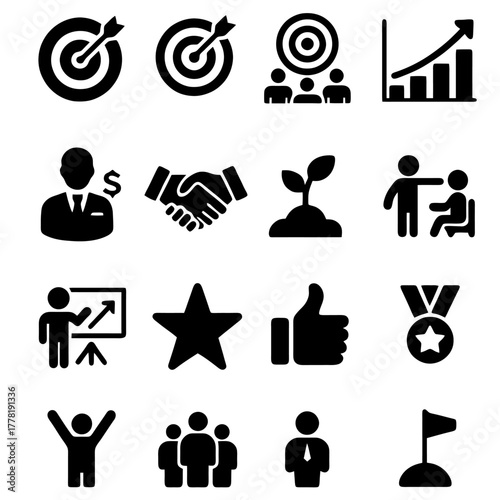 Business Icon Set: A comprehensive collection of iconic symbols representing various facets of business, achievement, and growth. These icons capture essential concepts like targets, teamwork.