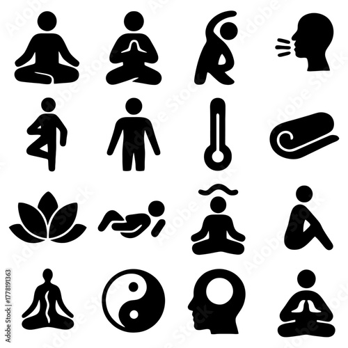 Wellness Icons: A collection of stylized, minimalist icons showcasing various aspects of wellness, including yoga poses, meditation, breathwork, and the symbol of yin and yang.