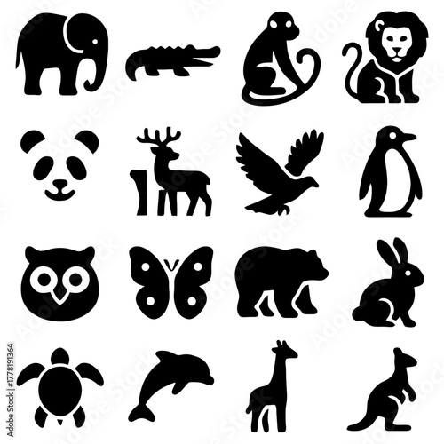 Iconic Animal Kingdom Silhouettes: A collection of captivating animal silhouettes, rendered in stark black against a plain backdrop. The icons present diverse fauna.