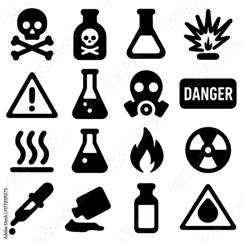 Warning Signs Icon Set: A comprehensive collection of iconic symbols conveys the core elements of hazards and warnings, essential for clear communication and ensuring safety