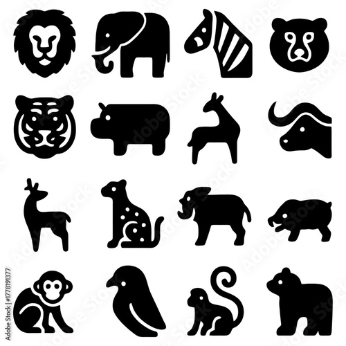 Animal Silhouettes: A diverse collection of sleek, minimalist animal silhouettes, each capturing the essence of their wild counterparts. Ideal for design needs, conveying a sense of wildlife, nature.