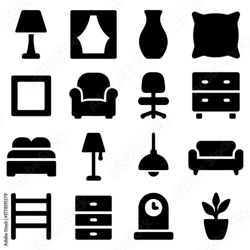 Home Interior Design Elements : A diverse collection of modern home decor elements, featuring sleek lamps, elegant curtains, and essential furniture.