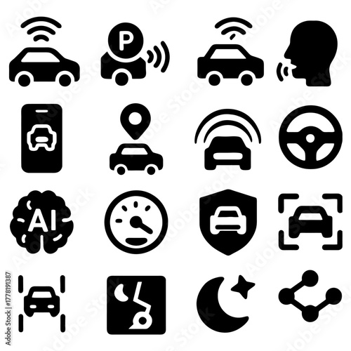 Autonomous Driving Icons: A collection of meticulously crafted icons representing the key elements of self-driving technology, showcasing the cutting-edge of transportation