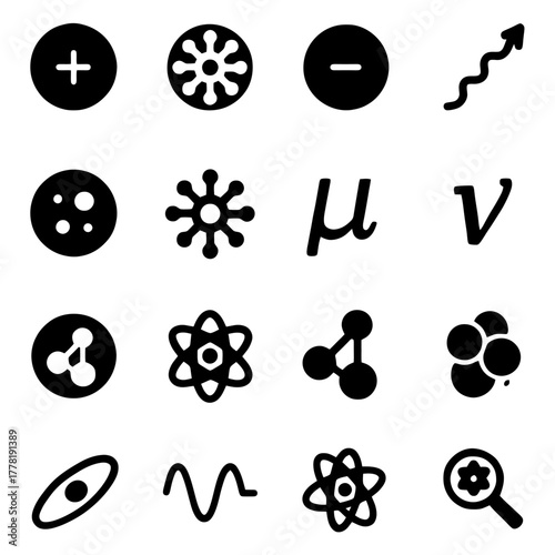 Abstract Scientific Symbols: A collection of meticulously crafted, stark black and white symbols, representing abstract concepts such as mathematical functions, and scientific notions.