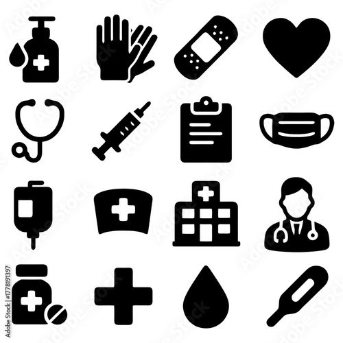 Health Icons Set: A comprehensive collection of health and medical icons, designed to symbolize various aspects of healthcare, from essential medical tools to wellness symbols.