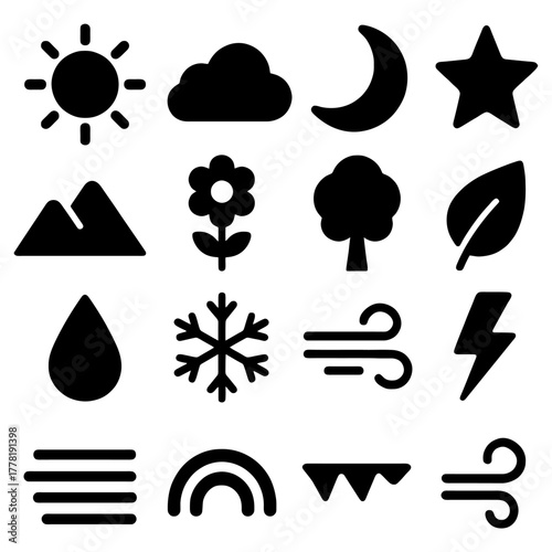 Weather and Nature Icons: An array of minimalist icons showcasing weather and nature elements. These icons represent the diverse aspects of the natural world, from celestial bodies to elements.