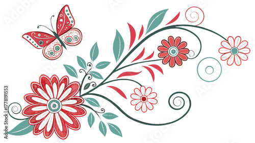 Butterfly and floral design with swirls