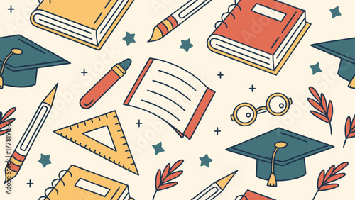 Seamless pattern with school supplies and graduation caps on beige