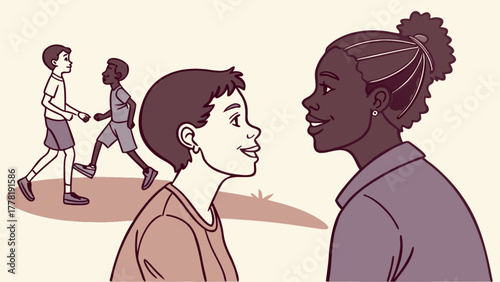 People talking and children playing