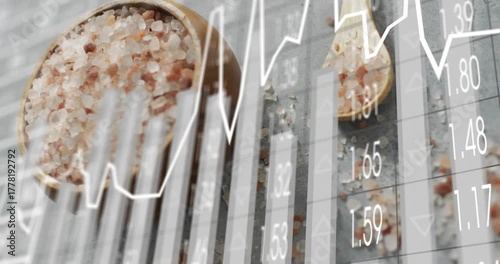 Faint white line chart tracing over salt bowl spawning fluctuating bars, visualizing live prices