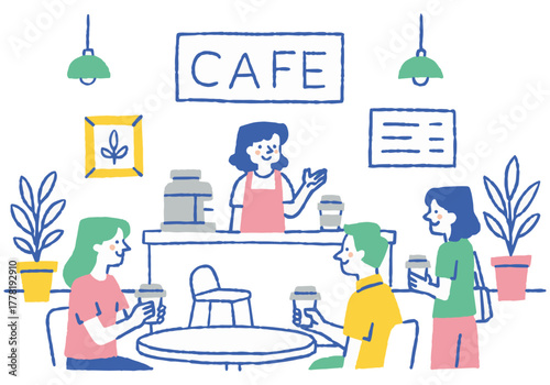 Coffee-loving customers and smiling staff_Color