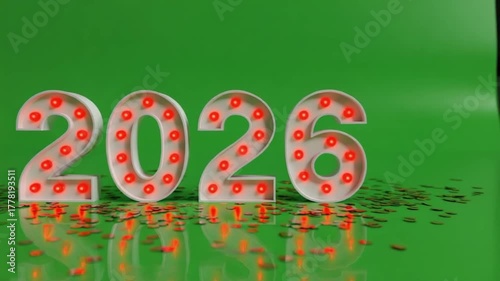 Illuminated twenty twenty six numbers on a green surface with scattered confetti pieces around it video