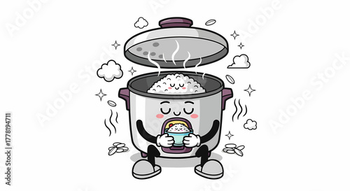 Cute cartoon rice cooker character holding a bowl of rice.