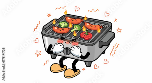 Cute Electric Grill Character Cooking Delicious Food with Joyful Expression.
