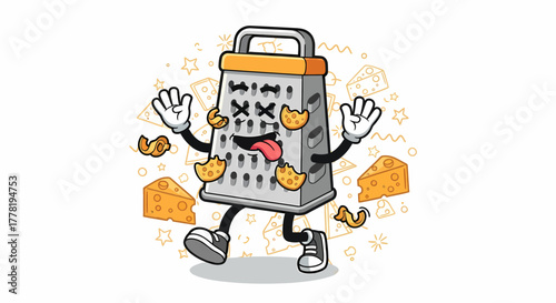 Dizzy cartoon cheese grater mascot with a knocked out expression.