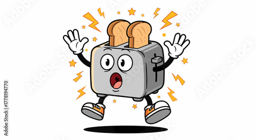 Funny Cartoon Toaster Character Surprised and Jumping.