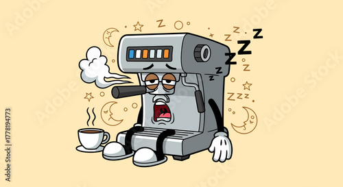 Exhausted coffee machine cartoon character taking a nap after work.