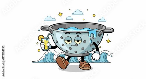 Funny cartoon colander character relaxing with a cool drink.