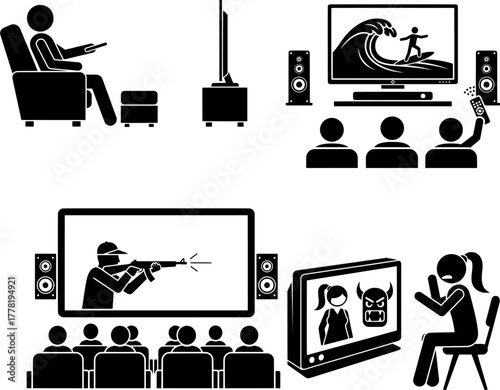 Watching TV and Movie Entertainment Icon Set