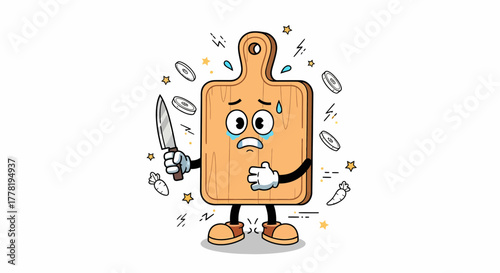Scared Cartoon Cutting Board Character Holding Knife in Fear.