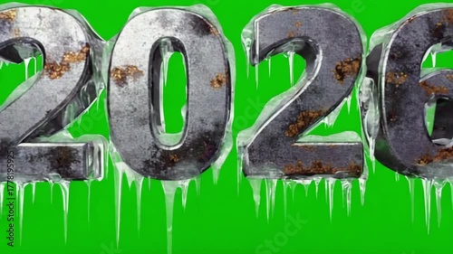 Frozen metal year two thousand twenty six with icicles on a green screen background footage video