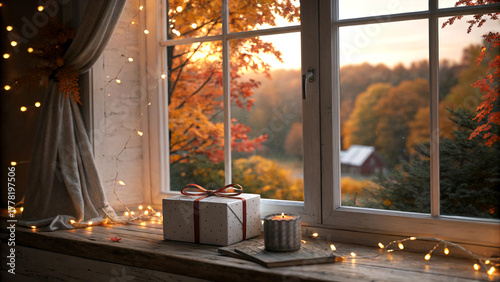 Cozy autumn window scene with warm gift box