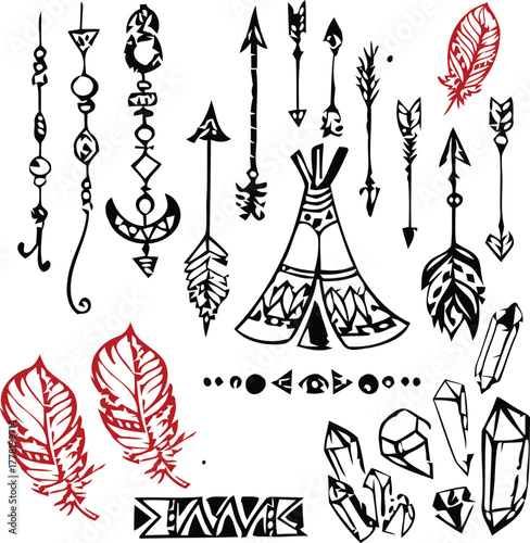 Tribal-inspired illustration featuring arrows, teepee, feathers, crystals, and symbolic ornaments in black and red hand-drawn style