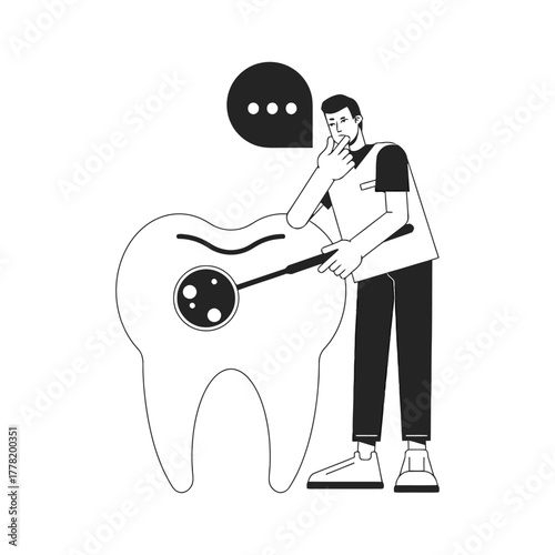 Minimalist black and white illustration of dentist inspecting tooth with magnifier, highlighting dental care and cavity detection