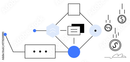 Geometric shapes connected by lines forming a workflow, arrows and falling dollar coins conveying financial processes. Ideal for finance, automation, workflow, efficiency, technology, strategy
