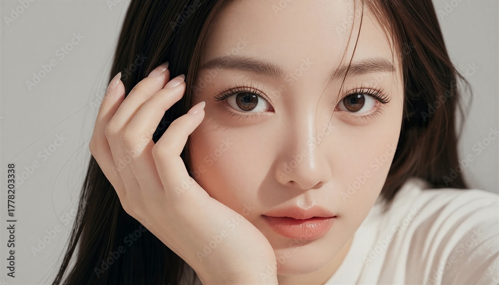 © Yka - 白背景で頬に手を当てて見つめる女性