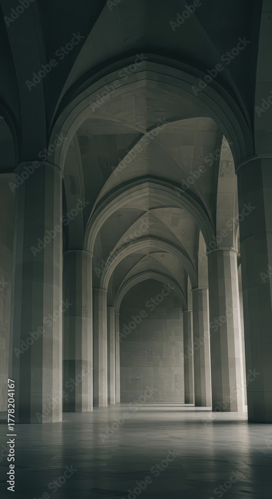 Obraz premium Symmetrical stone hall features soaring vaulted ceilings and imposing architectural columns receding into darkness