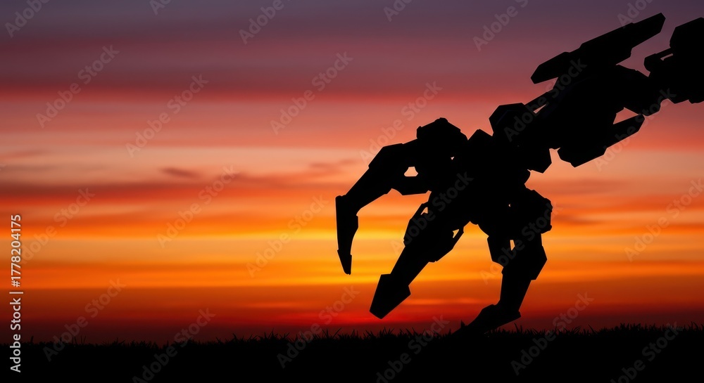 Fototapeta premium Silhouette of a mechanical combat unit striking a dynamic pose against a vibrant sunset